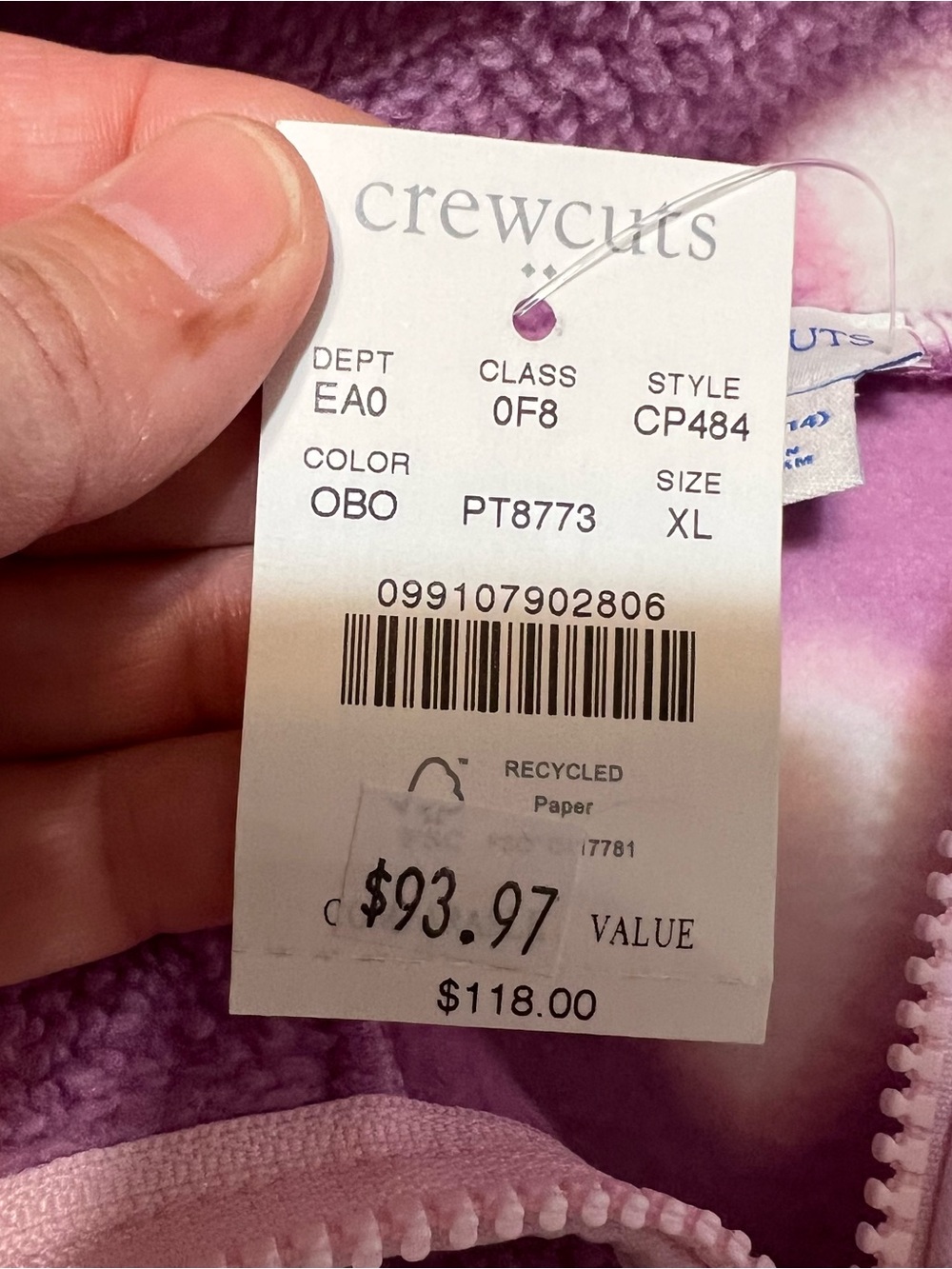 Crewcuts NWT Purple Heart Fleece Zip Jacket Size XL - Picture 7 of 7